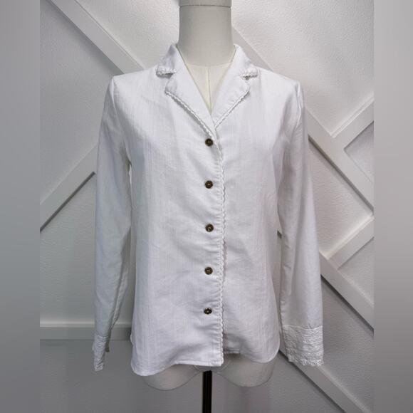 Simple Retro Tops - Simple Retro White Button Front Blouse Lace Trim Cottagecore Vintage Inspired Sm